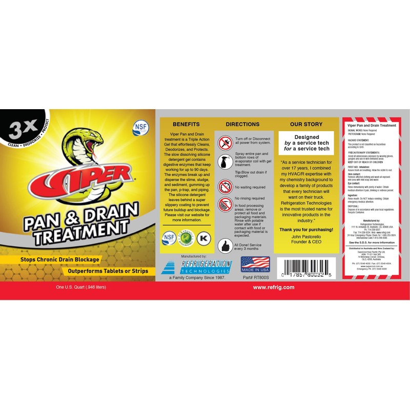 Refrigeration Technologies Viper Pan & Drain Treatment 1 Qt, Yellow