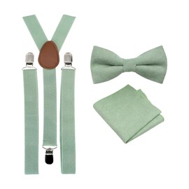 Luxury Mens Polycotton Bow Tie Pocket Square & Suspenders, Bow Tie & Pocket Square & Eucalyptus Sage Green Braces
