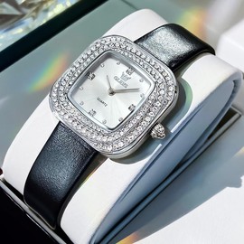 OLEVS Women's Watches Square Leather Quartz Watches Diamond Rose Gold Analogue Women's Watch Luminous Waterproof Dress for Women, 5512 leather bracelet in black, silver, Strap.