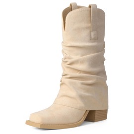 HICLOTSA Cowboy Beige Boots Women Cowgirl Mid Calf Square Toe Fold Over Chunky Heel Slouchy Suede Boots US Size 8.5