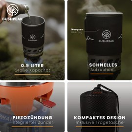 Bushpeak Instant Boil Outdoor Gas Stove with Transport Bag and Attachment, 900 ml - 1800 ml, Camping Stove Gas Set, 1-Bulb with Cooking Pot and Piezo Ignition (900 ml)