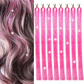 Hair Tinsel 8 Packs 1600 Strands 50 Inch Tinsel Hair Extensions Deep Rose Red Heat Resistant Glitter Sparkling Shinny Fairy Hair Accessories for Women and Girls(Deep Rose Red, 50Inch)