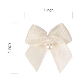 Meseey 60pcs Mini Satin Ribbon Bows with Pearl Ribbon Flowers Appliques DIY Craft for Sewing, Scrapbooking, Wedding, Gift,Christmas Decoration (Ivory)