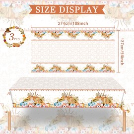 3-Pack 54 x 108 Inch Pastel Pumpkin Thanksgiving Plastic Tablecloth – Elegant Fall Table Cover with Watercolor Pumpkins and Floral Accents for Autumn Dinner, Harvest Parties, and Friendsgiving Décor