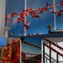 Fall Garland Decor String Lights - Outside Autumn Thanksgiving Light Decorations with Leaves Battery Operated - Outdoor Lighted Leaf Decoration for Home, Indoor, Mantle, Porch, Table, Door