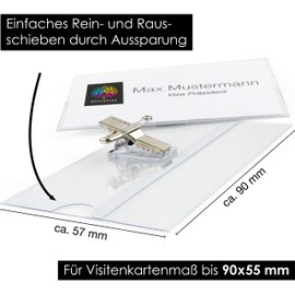 OfficeTree® 50 Premium Plastic Name Badges for up to 90 x 55 mm Business Cards - Transparent with Clip and Pin