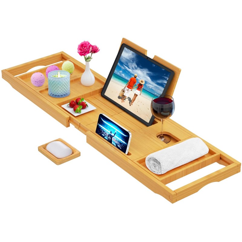 Premium Expandable Bamboo Bathtub Tray Caddy - Fits Most Bath