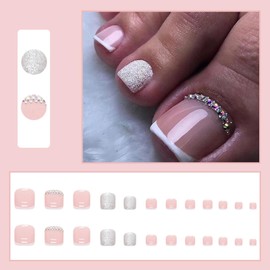 AKOFIC Pack of 24 Stick-On Toenails Short, 12 Sizes French Toenails Artificial, Full Cover Acrylic Artificial Toenail Tips, False Toenails Kit for Women Nail Art