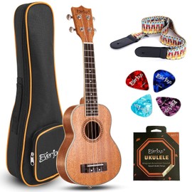 Everjoys Soprano Ukulele Starter Kit - Professional 21 inch Mahogany ukulele w/Free Online Lesson Case Strap Digital Tuner Aquila Strings Ukalalee Yukalalee (Lifgt Mahogany)