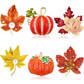 Junkin 6 Pcs Fall Brooch Pins Thanksgiving Rhinestones Pumpkin Maple Leaf Crystal Brooches Gold Pins for Hats Elegant Crystal Brooch for Women