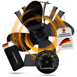 FLAMMENWIND Fireplace Fan without Electricity, Includes Thermometer and Storage Box for Matches, Stove Fan, Fireplace Fan