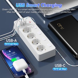 4-Way Power Strip with 2 USB A and 2 Type-C Quick Charging Ports, Multiple Socket with Individual Switch, Distribution Socket with Surge Protection for Kitchen Table Top Home, Office, White