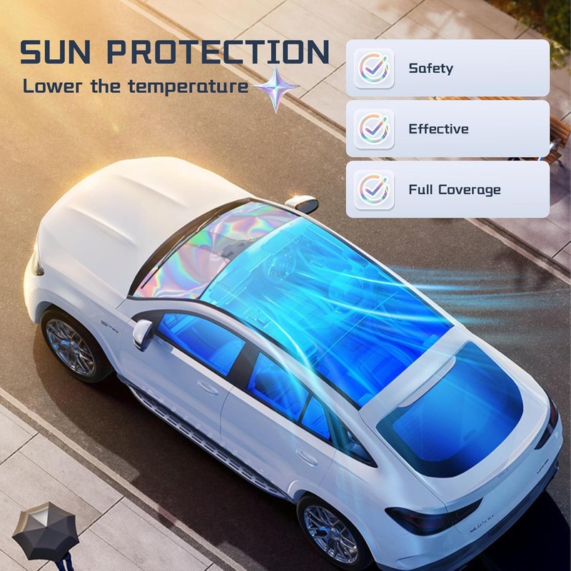 Car Windscreen Sun Shade, 145x80cm Reflective & Foldable Windshield Sun