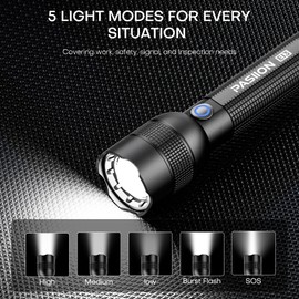 PASIION Rechargeable Flashlights High Lumens, Super Bright LED Small Powerful Tactical Flashlight 5 Modes Pocket Waterproof Flash Light for Camping,Emergency