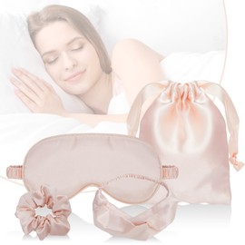 Silky Satin Eye Mask scrunchies Set Sleeping Eye Mask Gift Set for Women Comfortable Blackout Sleep Mask Blindfold Set for Travel Pink