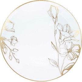 [10'' Plates 40 Count] White Plastic Floral Design Party Dinner Plates With Gold Rim Premium heavyweight Elegant Disposable Tableware Dishes
