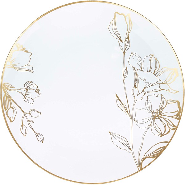 [10'' Plates 40 Count] White Plastic Floral Design Party Dinner Plates With Gold Rim Premium heavyweight Elegant Disposable Tableware Dishes
