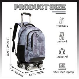HTgroce Rolling Backpack with Wheels for Boys Roller Wheels Backpacks Big Kids Laptop Luggage Travel Suitcase for Teen Boys
