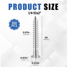 Zonon 100 Pcs 1/4" x 2" Hex Head Lag Screws 304 Stainless Steel Lag Bolts Heavy Duty Lag Screws Hexagon Head Wood Screws
