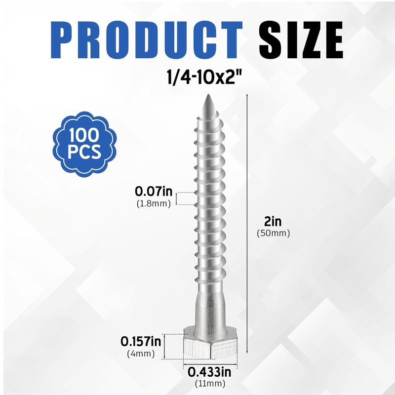 Zonon 100 Pcs 1/4" x 2" Hex Head Lag Screws