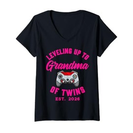 Womens Leveling Up To Grandma of Twins 2026 Baby Announcement Gifts V-Neck T-Shirt