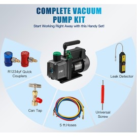 PB Motor TECH 4.5CFM 1/3HP Vacuum Pump with 3-Way R1234yf AC Manifold Gauge Set, with Leak Detector, R1234yf Puncture Can Tap, R1234yf Quick Couplers and Other Accessories