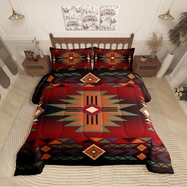 Western Comforter Set Twin Size,Red Black Cowboy Cowgirl Bedding Set for Boys Girls,Kids Adult Aztec Native Tribal Quilt Set Retro Geometric Arrow Striped Bohemian Duvet Insert,1 Pillowcase