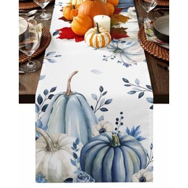 Fall Thanksgiving Table Runner, Blue White Pumpkin Cotton Linen Dresser Scarves Holiday Table Decor for Home,Kitchen,Dining Room,Indoor,Outdoor,13X72 Inches Long, Autumn Flowers Eucalyptus Leaves
