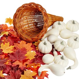 Factory Direct Craft Thanksgiving Cornucopia of Harvest White Pumpkins and Red Leaves - Horn of Plenty for Fall Decorating and Displays