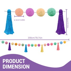 Fatiya Pom Pom Garland, Boho Tassel 200cm Colorful Pom Garland 16 Balls Pom String Banner for Classroom Christmas Valentine's Day Easter Indoor Outdoor Party Hanging Decoration (Sti