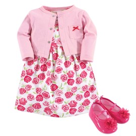 Hudson Baby Baby-Girls Cotton Dress, Cardigan and Shoe Set, Pink Roses, 6-9 Months