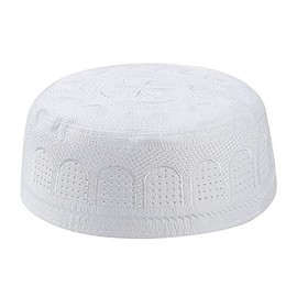 JIAHG Male Muslim Prayer Hat Men's Embroidery Muslim Islam Hat Embroidered Prayer Hat Muslim Headgear Kufi Hat Islamic Cap Prayer Hat for Ramadan Decoration, White