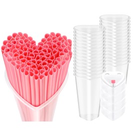 Potchen 60 Set Heart Shaped Plastic Cups with Straws 16 oz Disposable Cups with Lid and Straws for Valentines Birthday Wedding Anniversary Party Supplies