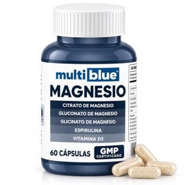 MULTIBLUE Magnesio Triple | 1,400mg por Porción | Glicinato de Magnesio, Citrato, Gluconato con Espirulina y Vitamina D3 | Apoyo Muscular, Relajación y Descanso | Formula 100% Natural | 60 Capsulas