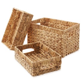 Casafield Set of 3 Water Hyacinth Storage Baskets with Handles - 1-Medium, 2-Small Woven Organizers for Bathroom, Laundry, Pantry, Office, Shelves