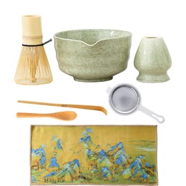 Matcha Whisk Set, Japanese Tea Set Includes Matcha Bowl with Spout, Matcha Whisk Holder, Bamboo Tea Whisk and Bamboo Scoop, Mottled Tea Green Glaze Ceramic Tea Kit for Tea Lovers (Green 7pcs)