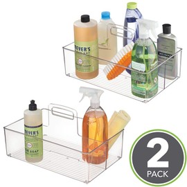 mDesign Plastic Portable Storage Organizer Kitchen Caddy Tote, Divided Basket Bin with Handle for Ketchup, Mustard, Napkins, Condiments, Sauces - Store in Cabinets, Countertops, 2 Pack - Clear