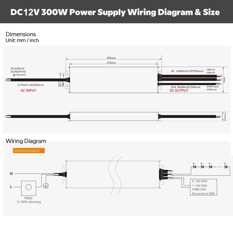 DC12V 300W 0/1-10V TRIAC Waterproof IP67 Power Supply (12V 300W