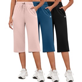Neer 3 Pack Women's Capri Pants, Cotton Wide Leg Basic Sweatpants Lounge Loose Fit Casual Drawstring Yoga Capris with Pockets(Black, Indigo Blue, Light Pink,Small)
