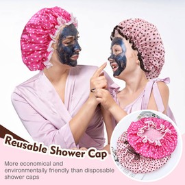 Lawie 4 PACK Large Waterproof Satin Shower Caps Adjustable Bath Hair Caps Silky Fabric Lined Bathing Hair Cover Wraps Bonnets Hair Protector for Women Girls (Polka Dots Colors)