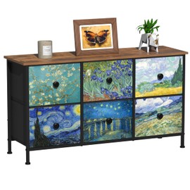 EXOTICA 6 Drawer Dresser for Bedroom Van Gogh Chest of Drawers Wide TV Stands Fabric Storage Drawer Unit for Living Room Entryway Closet Sturdy Steel Frame Wood Top