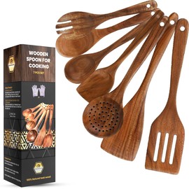 Kitchen Click Wooden Spoons for Cooking, Teak Wood Utensils Set with Hooks Spoon Rest & Holder Nonstick, Heat-Resistant & Lightweight Wooden Cooking Utensils Spoon Set (7-Piece Set with Gloves)