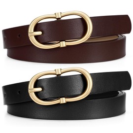 2 Pack Women Belt for Jeans Pants Dresses Fashion Skinny Leather Belts Ladies Wasit Belt with Gold Buckle