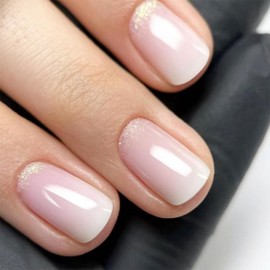 Short Square Press on Nails Pink False Nails with Gradient Designs Glitter Fake Nails Glossy Skin Tones Glue on Nails Reusable Full Cover Artificial Stick on Nail for Women Girls Manicure 24Pcs
