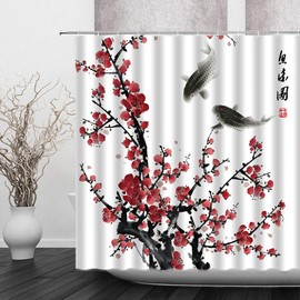 jingjiji Asian Decor Shower Curtain Red Plum Blossom Bloom Trees Branch Koi Tradition Antique Japanese Ink Painting Art Abstract Natural Bathroom Decoration Polyester Fabric (White, 70 X 70 Inch)