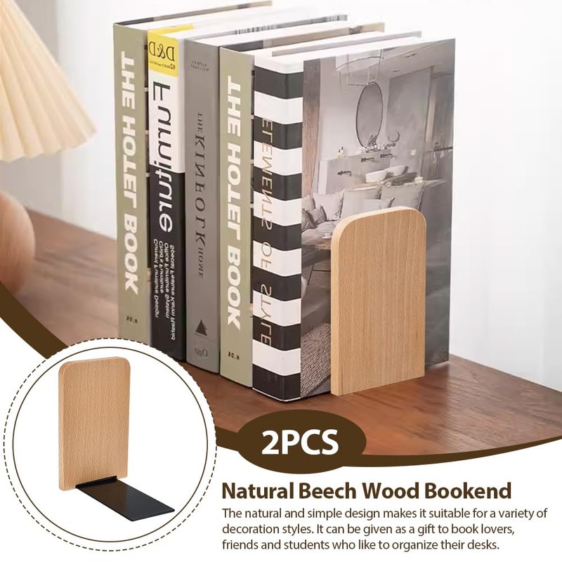 KARBAG Book Ends, 2 Pack Natural Bamboo Bookend Heavy Duty