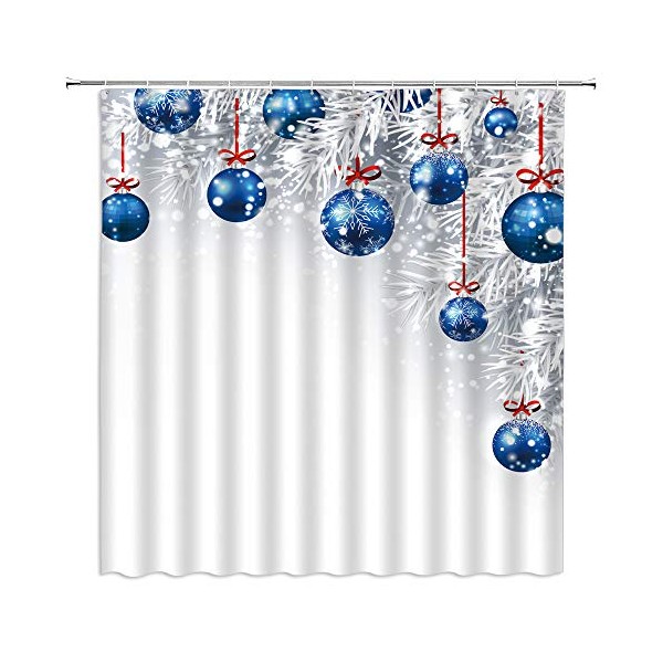 AMFD Merry Christmas Shower Curtain Blue Xmas Ball White Snowflake