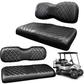PZWLI 4PCS Golf Cart Seat Covers Kit with Pocket,Front and Rear Vinyl Replacement Seat Cover for Yamaha Drive/Drive2 Standard Cushion,No Stapler, Black