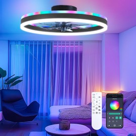 ORITHAM RGB Ceiling Fans with Lights, 20" Fandelier Low Profile Ceiling Fan with Light, Modern Flush Mount Ceiling Fan Light with Remote/APP Control, Bedroom Chandelier Fan Fixture for Indoor(Black)