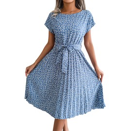 IDOPIP Women's Short Sleeve Floral Pleated Dress Summer Casual Chiffon Flowy Midi Dress Formal Wedding Guest Dress 2024 Trendy Vacation Pleated Swing Dress Elegant Evening Party Sundress Blue L